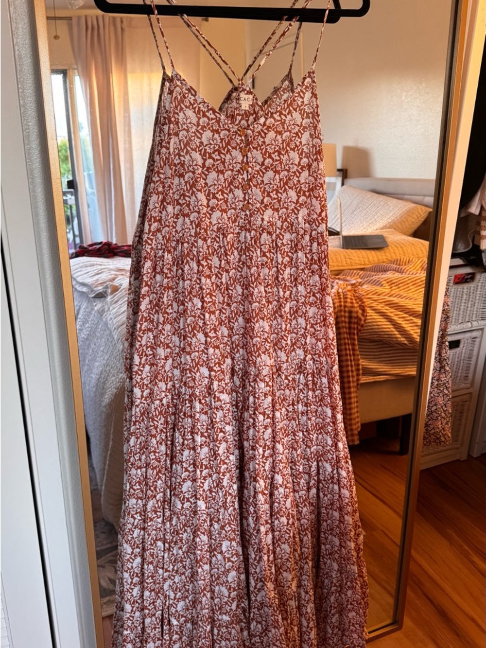 acacia swimwear Rust and White Floral Button-Front Maxi Dress